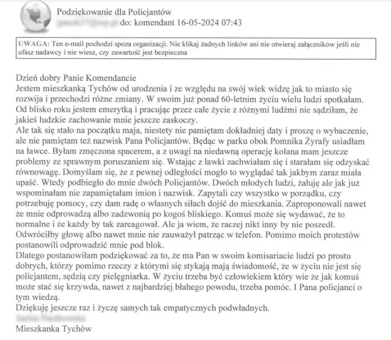 podziękowania dla tyskich policjantów