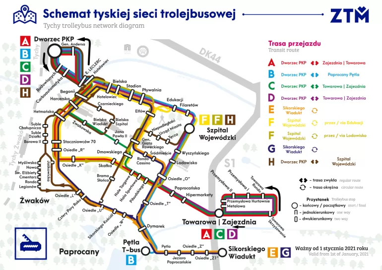 schemat sieci trolejbusowej